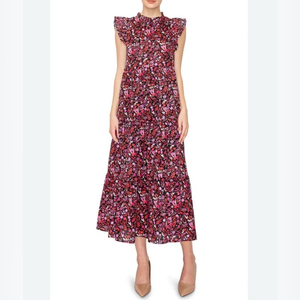 MELLODAY Smocked Mock Neck
ruffled Tiered Maxi Dress bunk black print